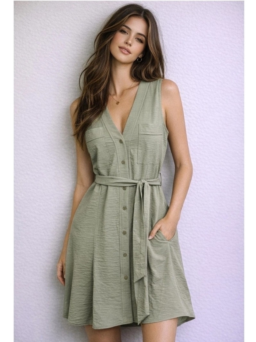 DKNY Sleeveless Button-Front Dress in Sage Olive Khaki Green